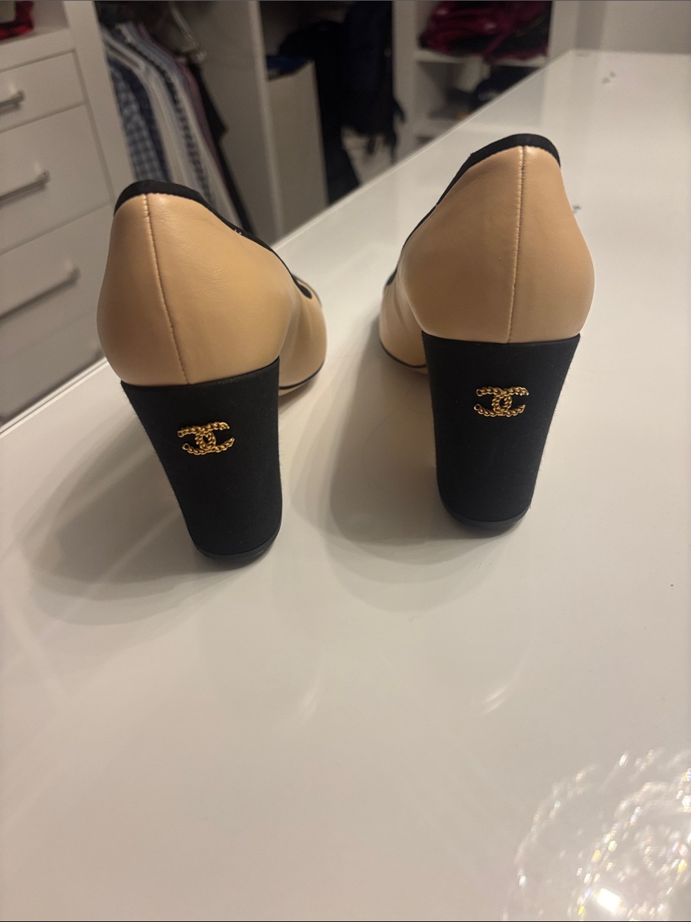CHANEL Beige Leather Pumps with Black Cap Toe - Picture 3 of 4